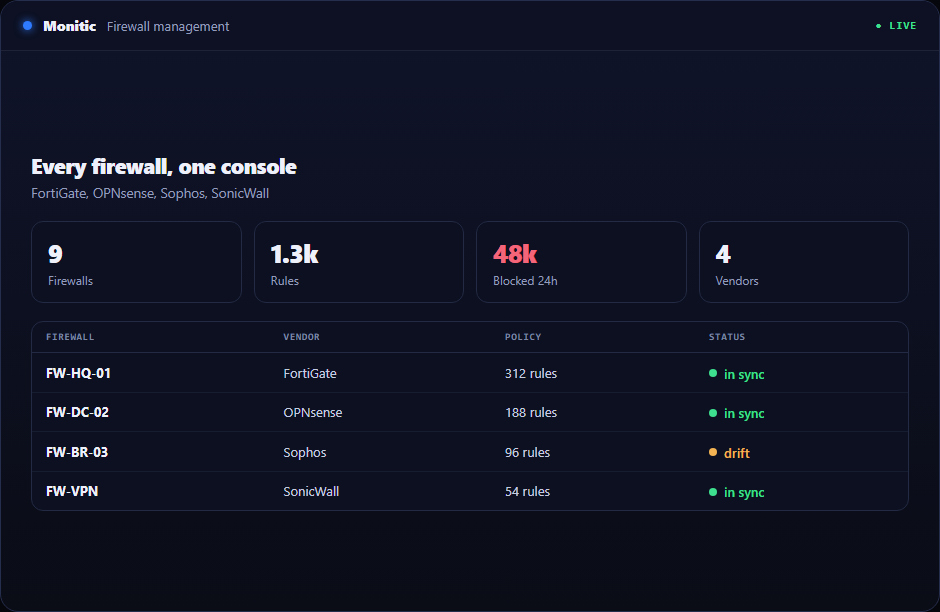 Multi-vendor firewall management console in Monitic