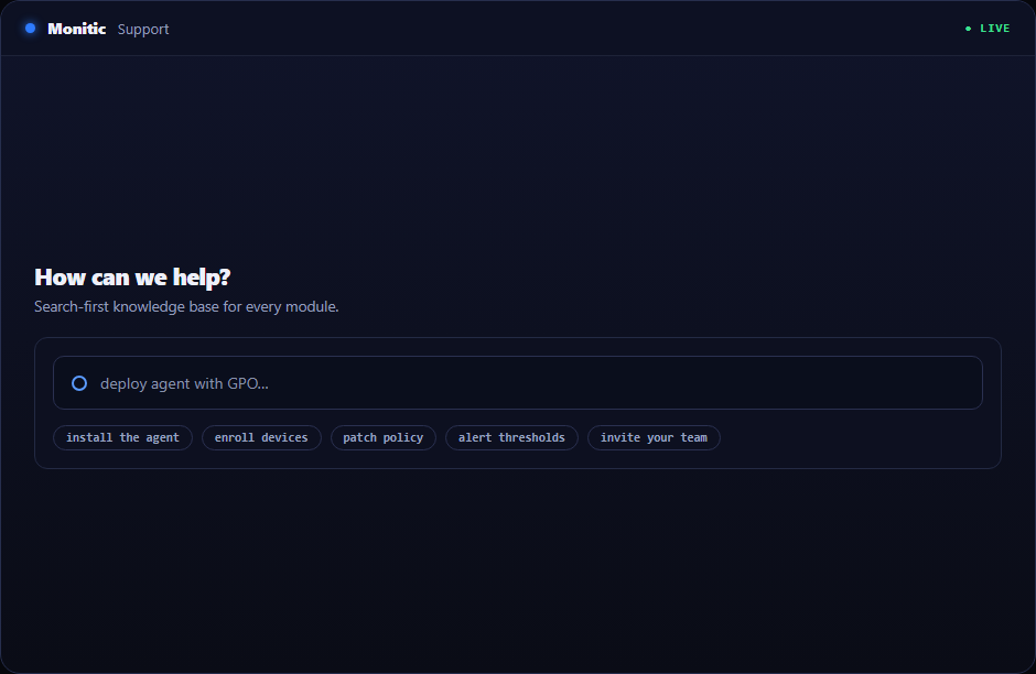 Monitic support search box for the documentation and knowledge base